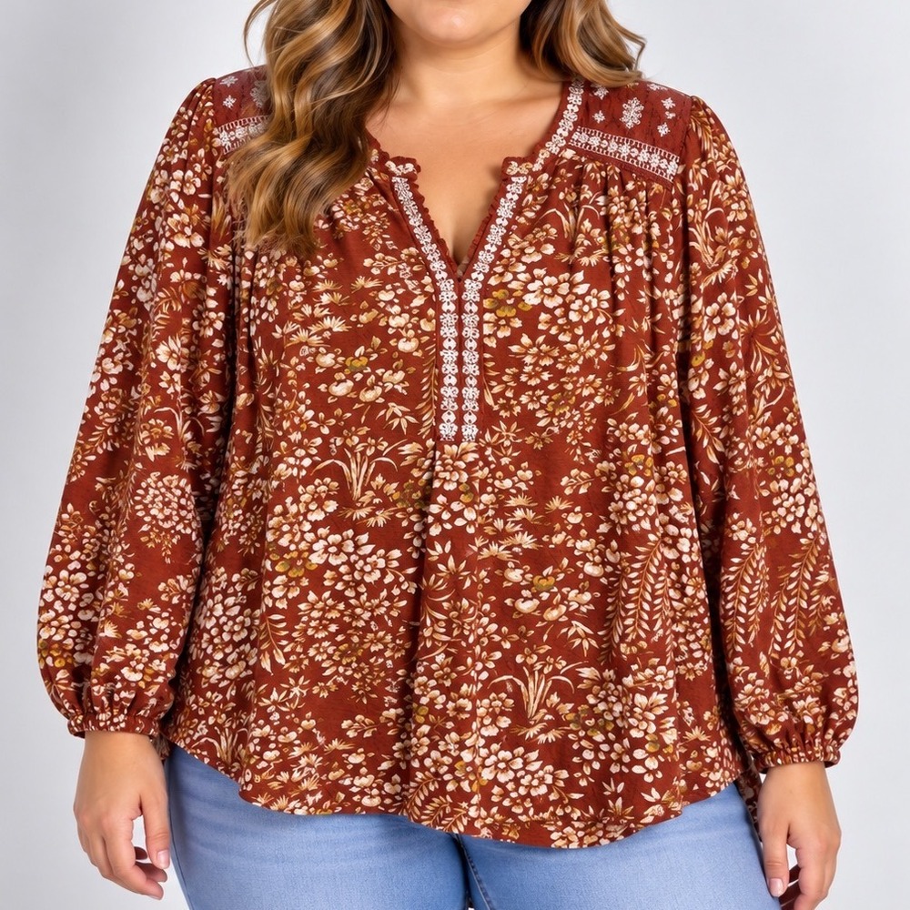 Lucky Brand 1X Floral Peasant Blouse Cotton Modal Rust Boho Embroidered Tunic